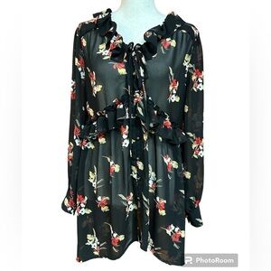 Versona Scoop Neck High-Low Sheer Button-down Top/Mini Dress Ruffles Floral XS